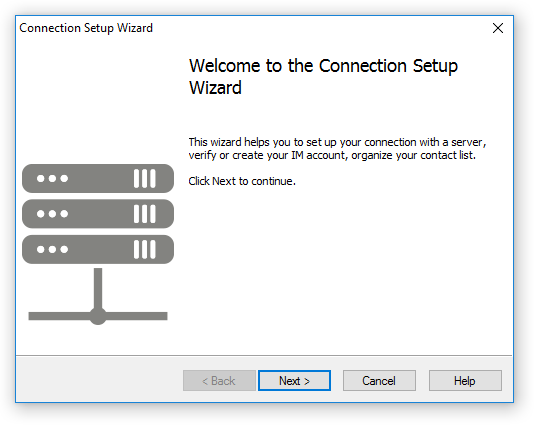 The welcome page of the Connection Setup Wizard (the client-side software)