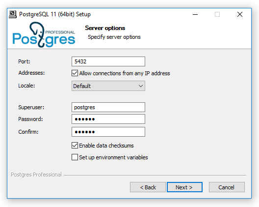 Configure Options of the PostgreSQL/Postgres Pro server