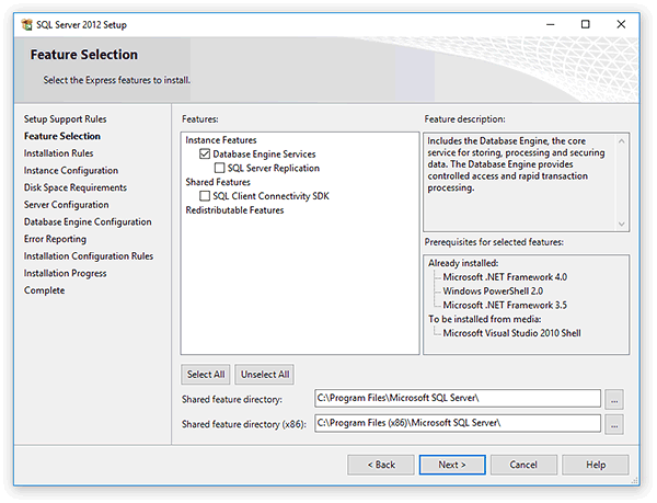 Select features of the SQL server to install